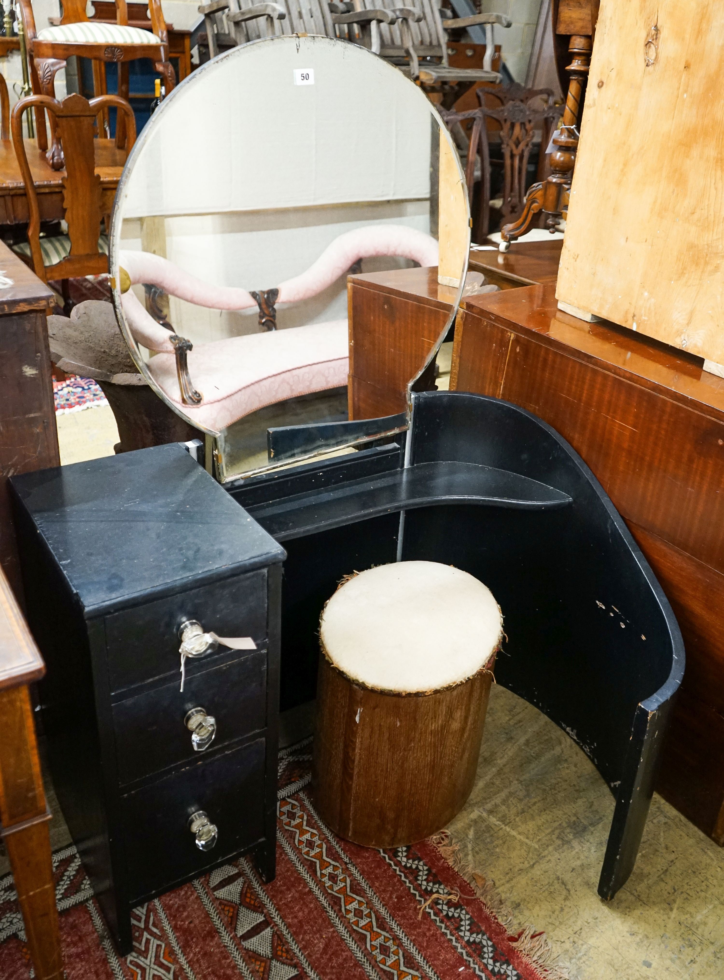 An Art Deco style painted dressing table, length 100cm, depth 70cm, height 130cm and oval stool, later painted